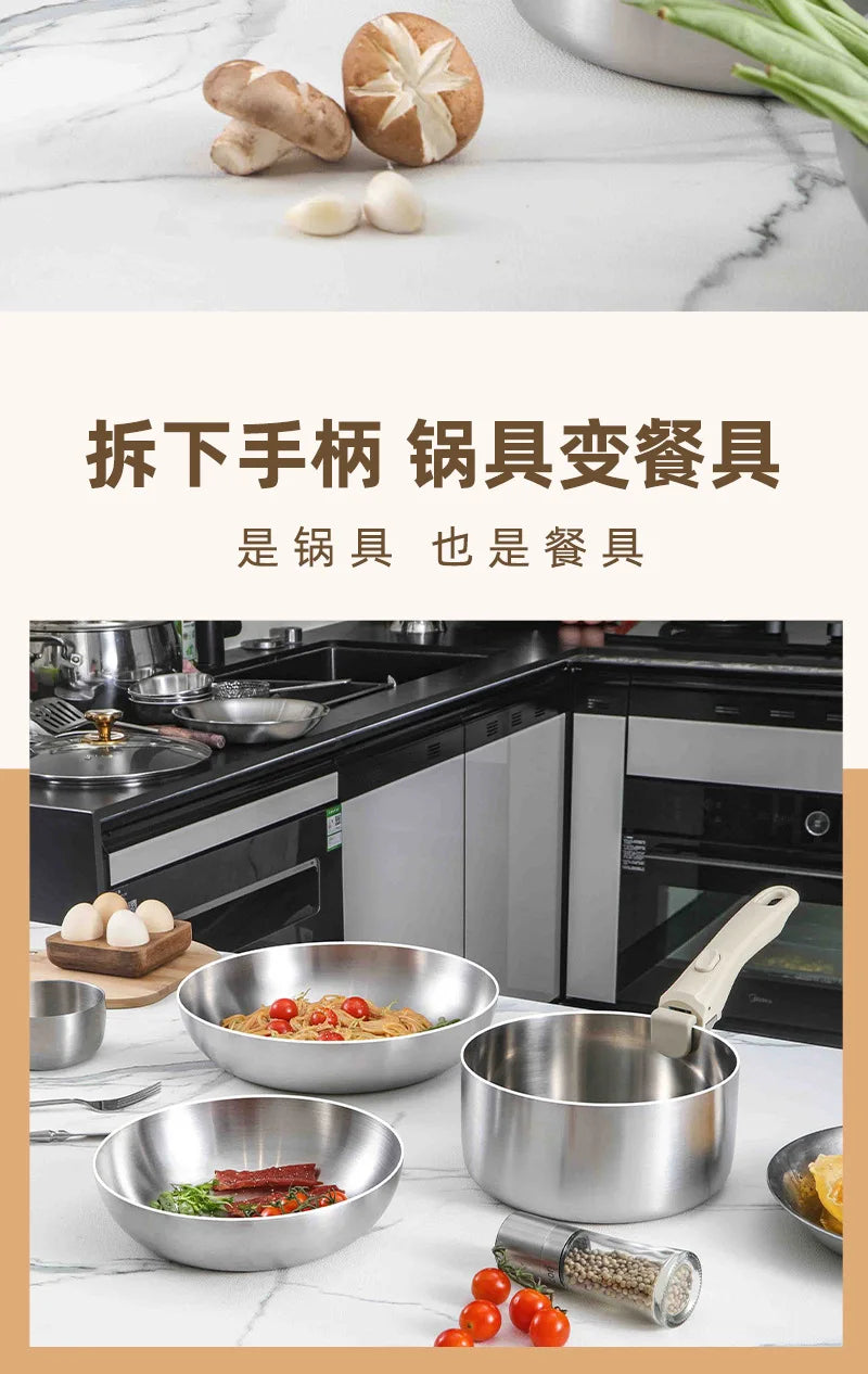 Pot and Cooking Set 316 Stainless Steel Household Full Set Six-Piece Pot Set, Detachable Handle, Uncoated Frying and Frying Wok