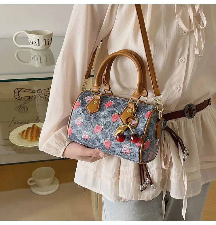 Cherry Print PU Leather Boston Crossbody Shoulder Bag – Luxury Designer Handbag for Women