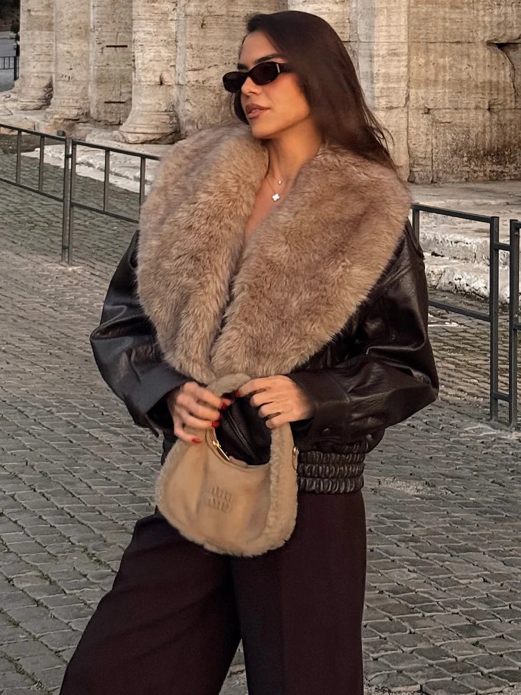 Women's Double-Breasted Faux Fur Collar Leather Bomber Jacket – Loose Warm Streetwear Coat