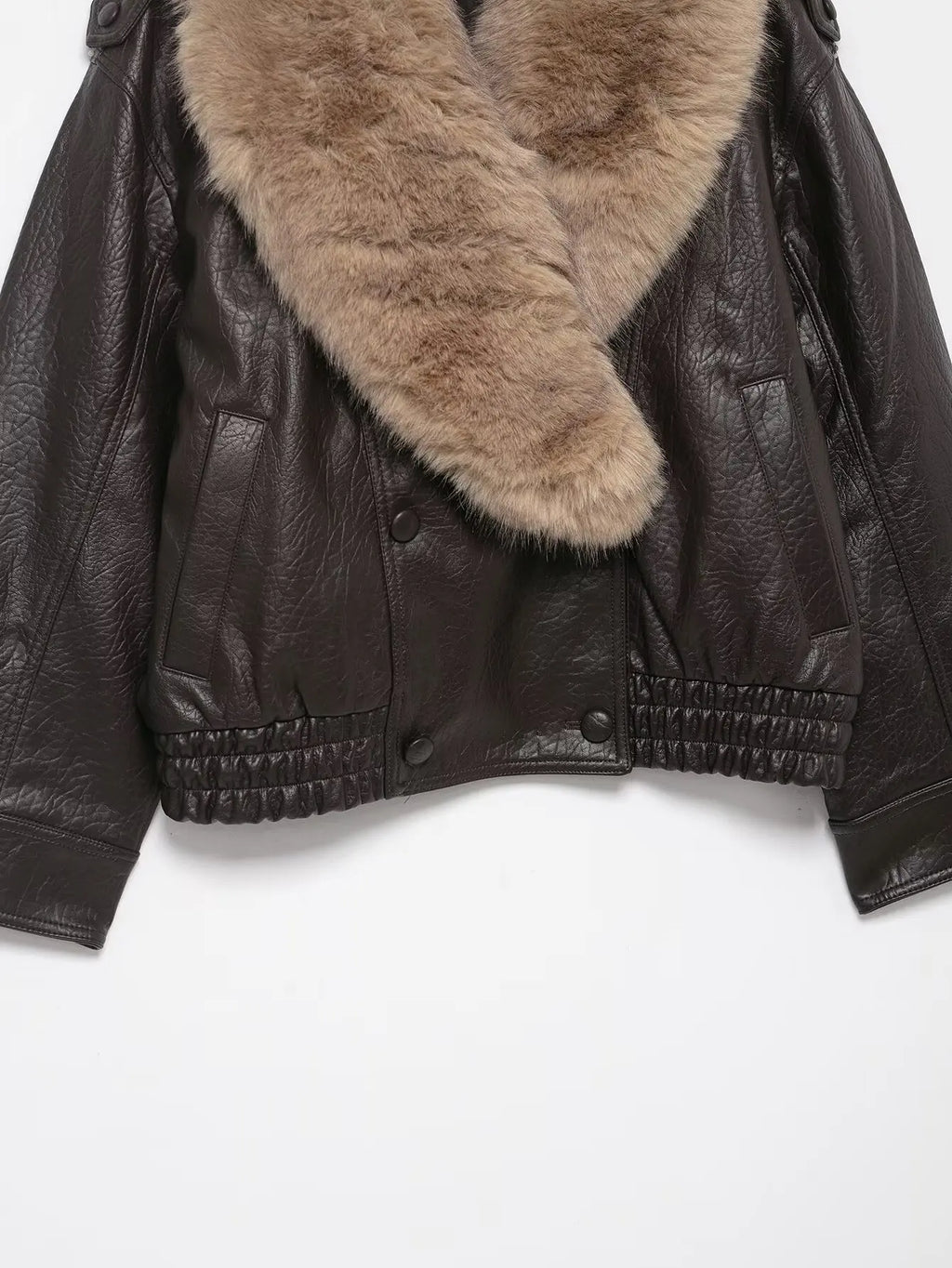Women's Double-Breasted Faux Fur Collar Leather Bomber Jacket – Loose Warm Streetwear Coat