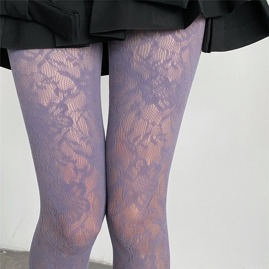 Lolita Floral Thigh-High Fishnet Stockings — Sheer Patterned Hosiery