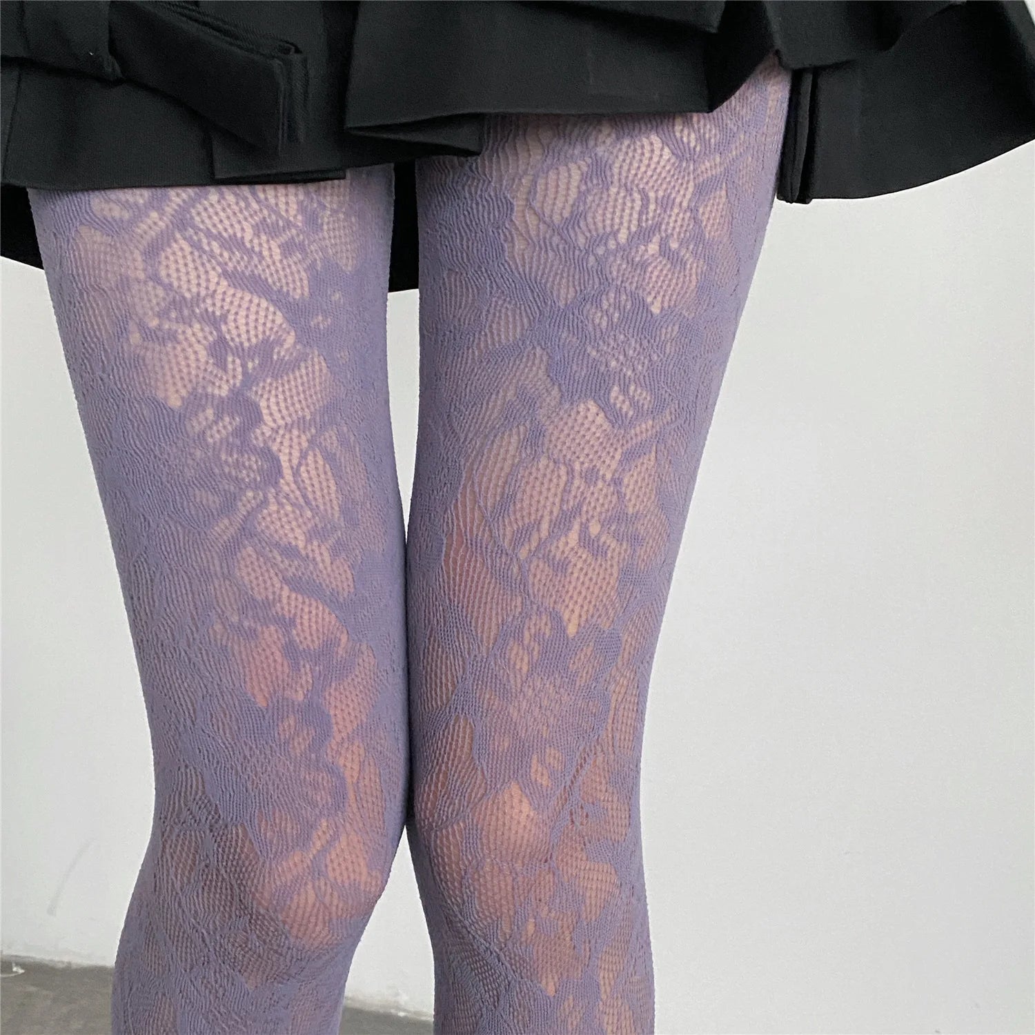 Lolita Floral Thigh-High Fishnet Stockings — Sheer Patterned Hosiery