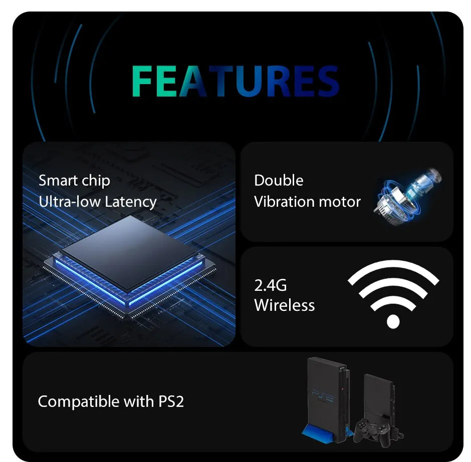 2.4G Wireless PS2 Gamepad – Dual Vibration Joystick Controller for PC & USB