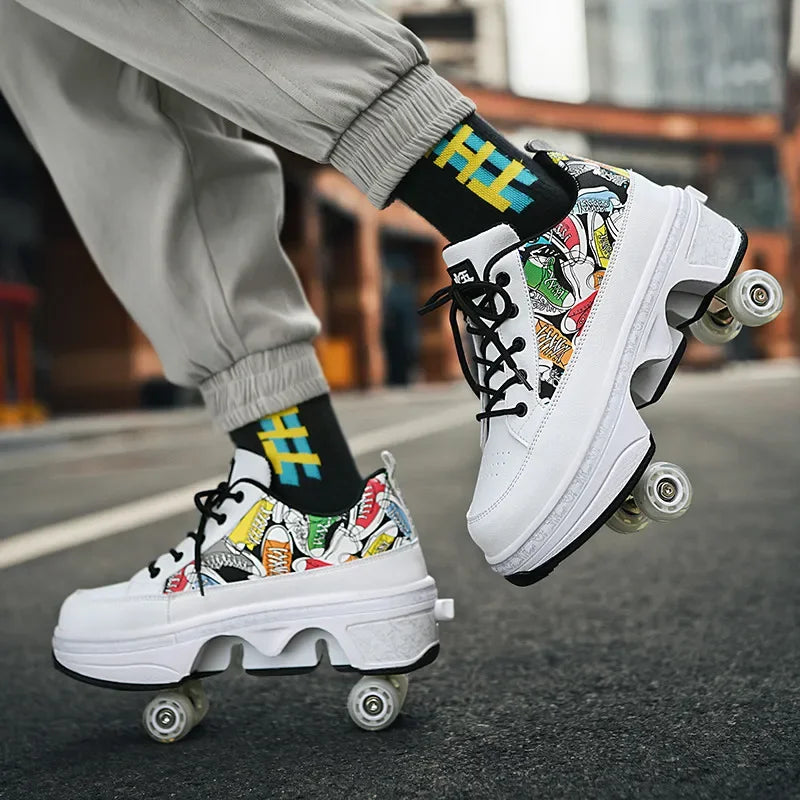 Fashionable 4-Wheel Roller Skate Shoes – Unisex Kids & Adult Outdoor Casual Wheeled Sneakers