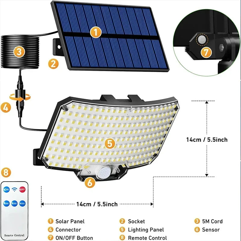 Solar Motion Sensor LED Garden Wall Lamp — 234 LEDs, IP65 Waterproof, 3 Modes with Remote (12-Month Warranty)