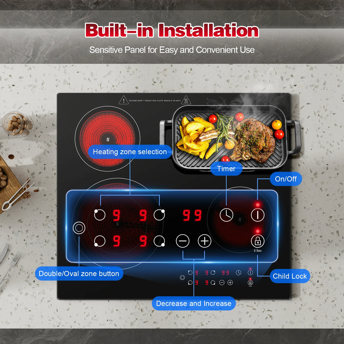 2-Zone Ceramic Hob – 3000W, Child Lock, 9 Heat Levels, 1-99 Min Timer, 60cm Black Glass (CE Certified)
