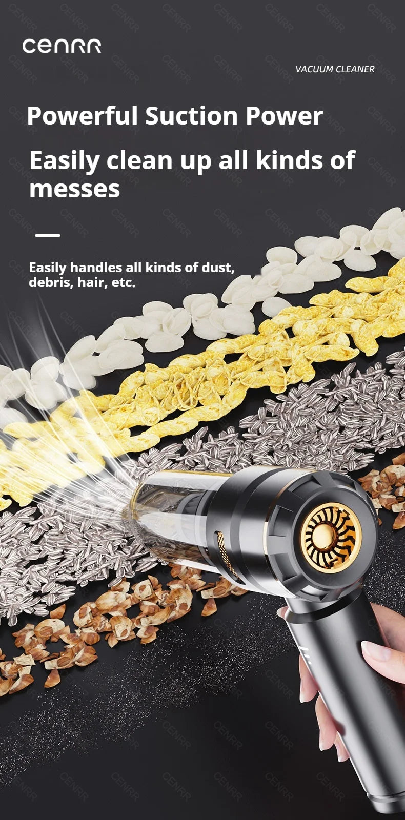 CENRR Wireless Car Vacuum Cleaner — 3-Gear Brushless Motor, 6000mAh, 9 Accessories, USB-C Charging