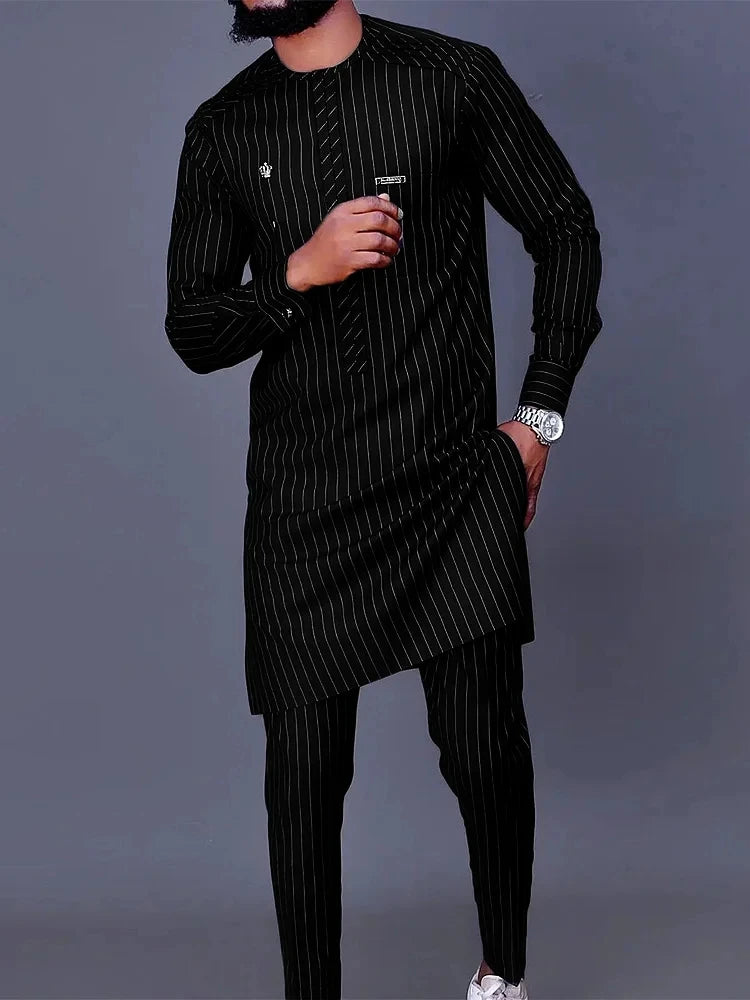 Men's Geometric Print Long Sleeve Top & Drawstring Pants Two-Piece Suit