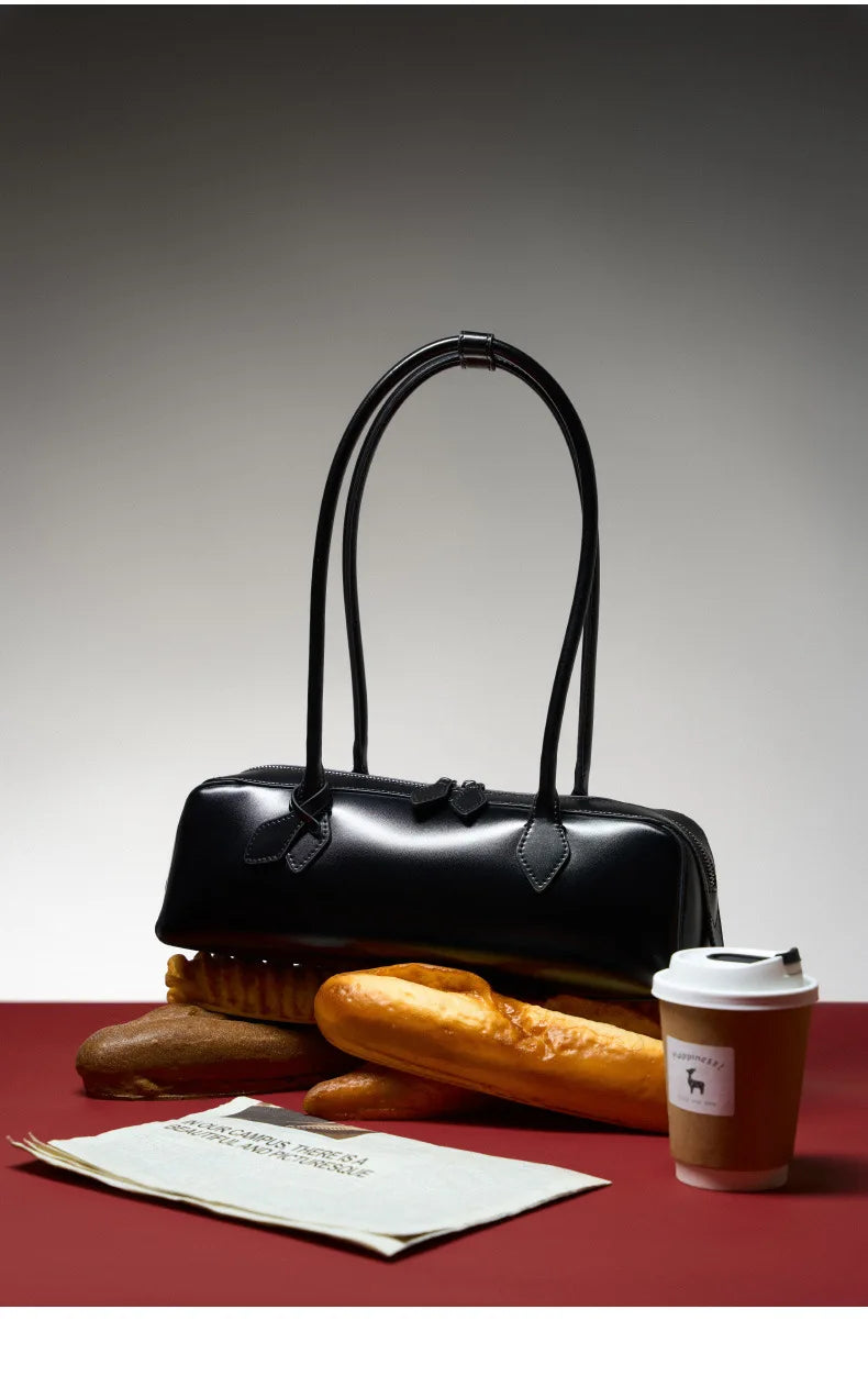 Vintage Genuine Leather Baguette Shoulder Bag – Korean Luxury Underarm Handbag for Women