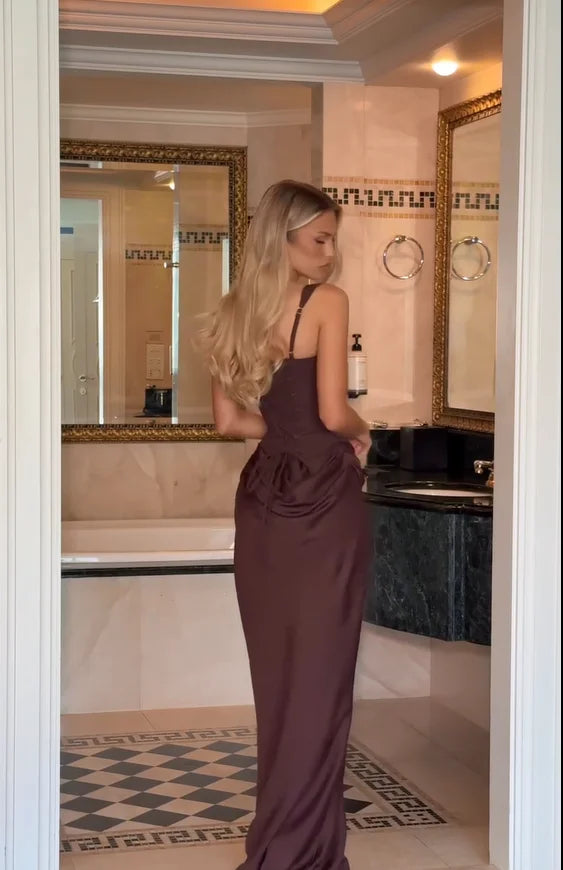 Square Neck Pleated Sling Dress — Off-Shoulder Waist-Cinching Slim Evening Gown