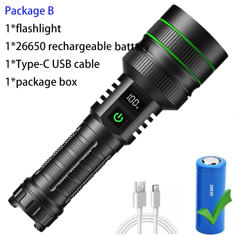 2500 Lumen Long Range LED Flashlight – IPX7 Waterproof, Type-C, 5 Modes, Power Bank Function