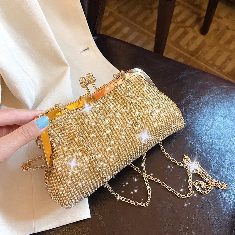 Golden Metal Bow Evening Clutch Bag – Shiny Bridal Chain Shoulder Bag for Wedding & Party