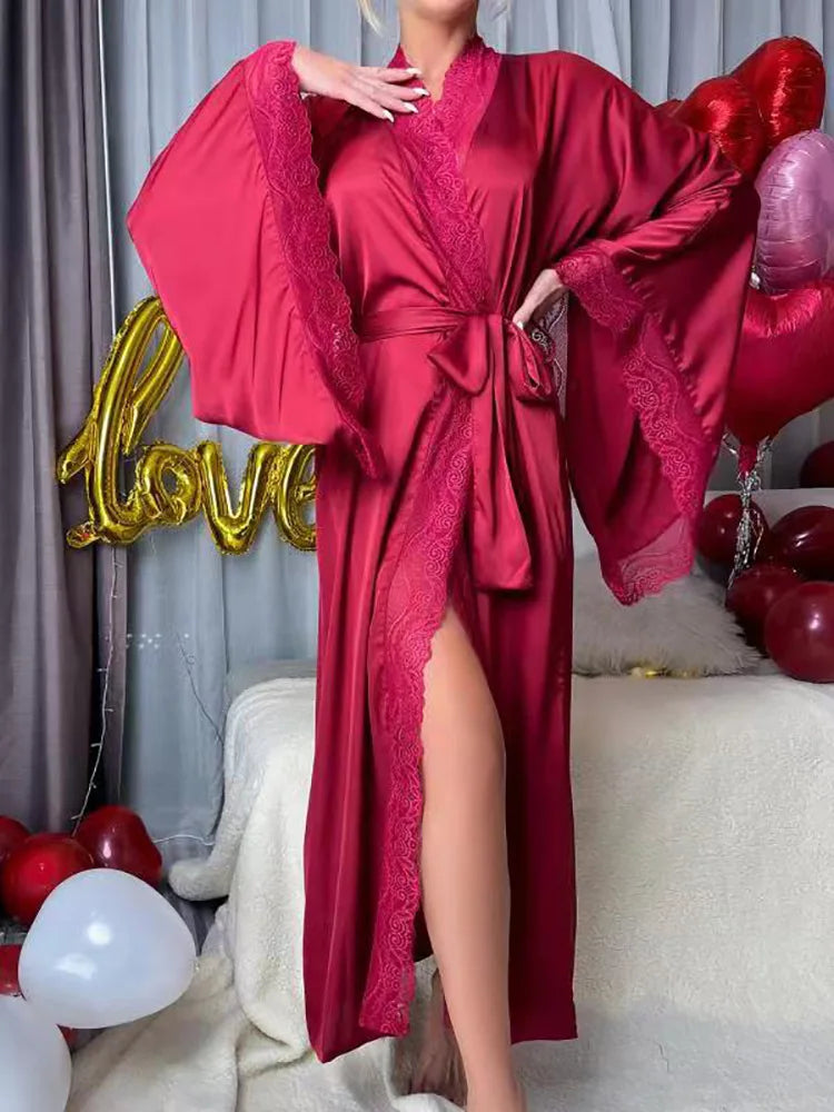 Women's Lace Patchwork Kimono Robe | Flare Sleeve Bridal Wedding Loungewear
