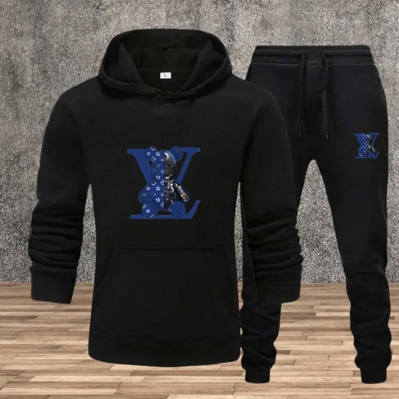 Men's Printed Hoodie Sweatshirt Set – 2-Piece Fleece Jogging Tracksuit