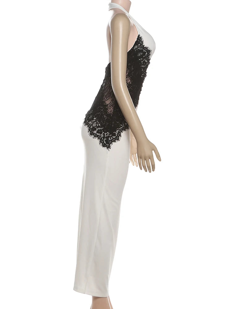 Lace Patchwork Halter Maxi Dress — Off-Shoulder Backless Elegant Evening Gown