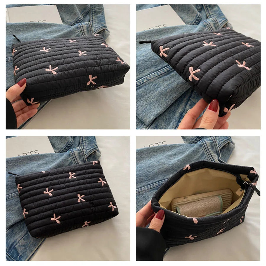 Cute Embroidery Bow Makeup Bag – Large Capacity Zipper Cosmetic & Wash Storage Bag