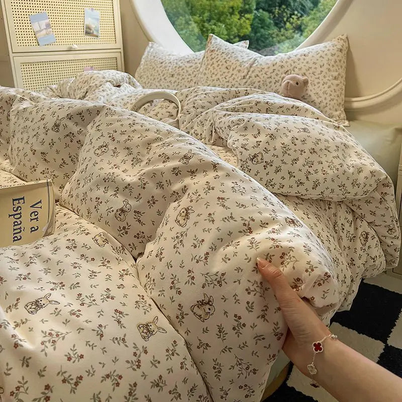 Vintage Floral Duvet Cover Set – Korean Ins Style Bedding Kit with Flat Sheet & Pillowcases, Single to Queen