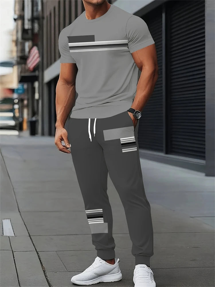 Men's Letter Print Round Neck Short Sleeve & Drawstring Long Pants Plus Size 2-Piece Outfit