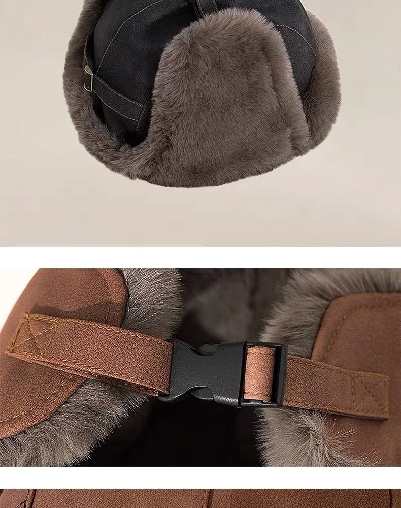 Faux Leather Trapper Hat with Plush Lining and Ear Flaps