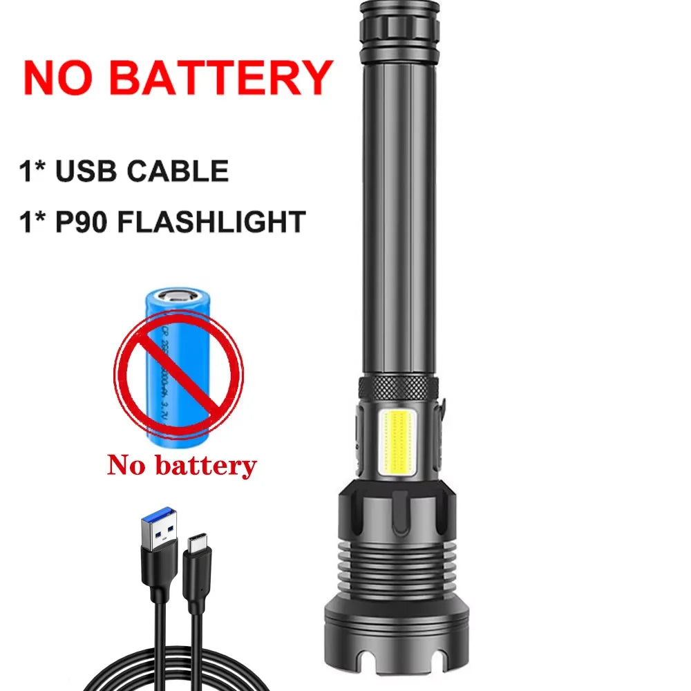 90000 Lumens XHP90 LED Tactical Flashlight – Rechargeable USB Zoomable 7-Mode Torch
