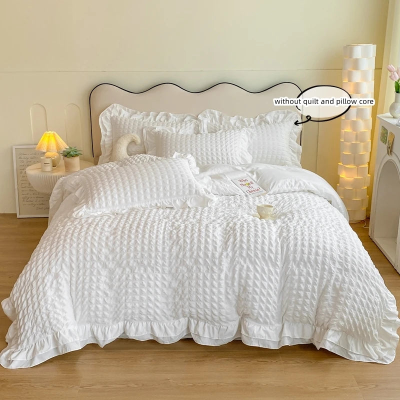 Korean Seersucker Lace Duvet Cover Set – 3-Piece Bedding, 3 Colors & 10 Sizes