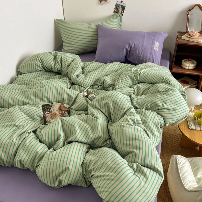 Stripe Print Washed Polyester Bedding Set – 3 or 4-Piece Duvet Cover with Sheet & Pillowcases, 6 Colors