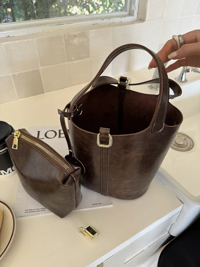 PU Leather Lock Bucket Crossbody Shoulder Bag – Fashion Designer Tote Handbag for Women