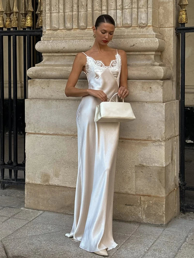 Lace Patchwork Satin Maxi Gown — V-Neck Sleeveless Backless Evening Dress