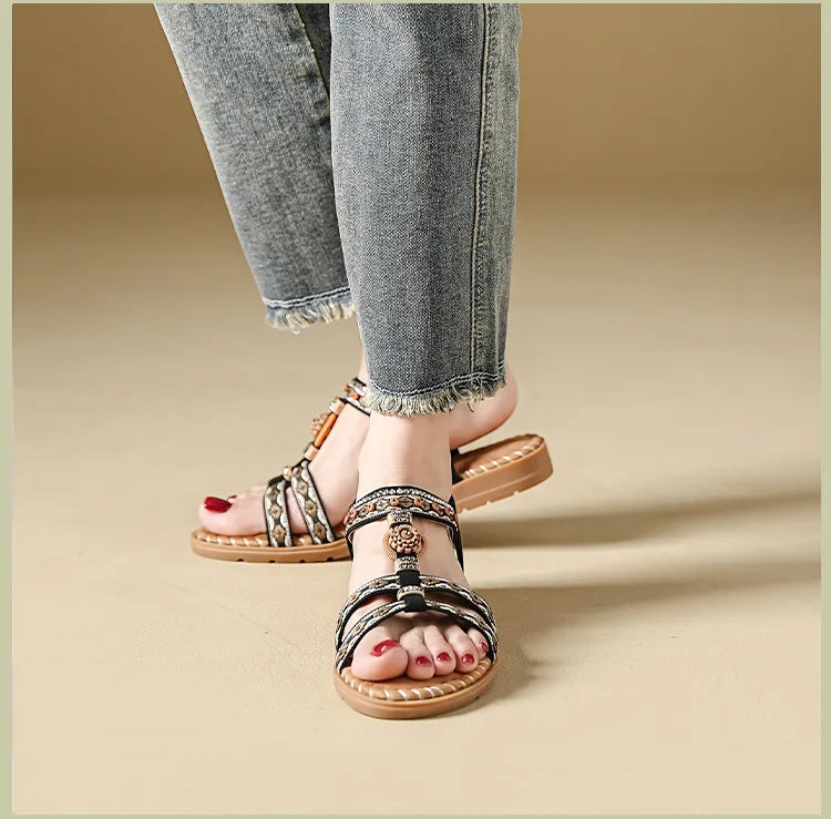 Women's Bohemian Flat Beach Sandals – Anti-Slip Elegant One-Line Sandals
