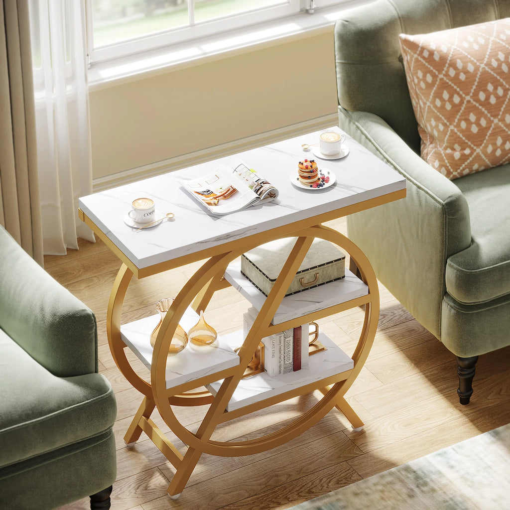 Tribesigns 3-Tier Narrow Side Table — Wood & Geometric Metal Frame