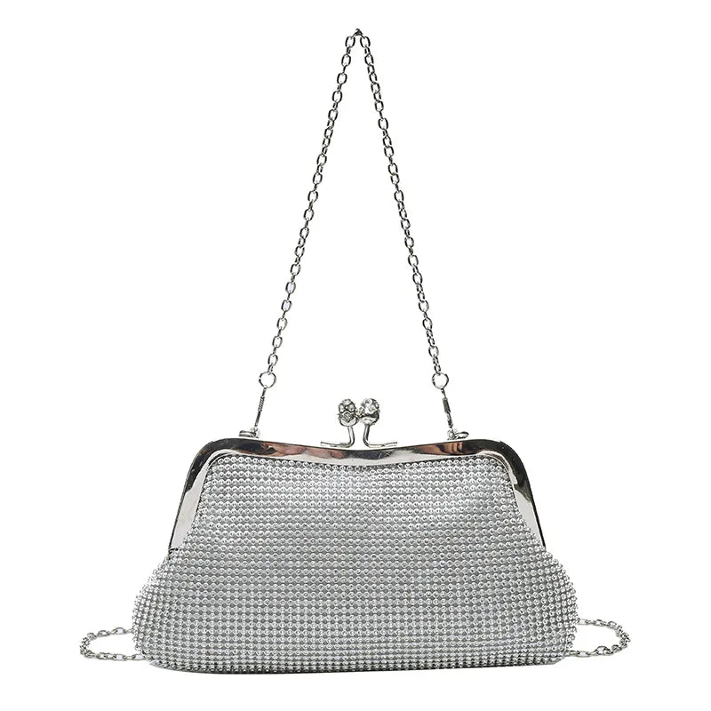 Golden Metal Bow Evening Clutch Bag – Shiny Bridal Chain Shoulder Bag for Wedding & Party