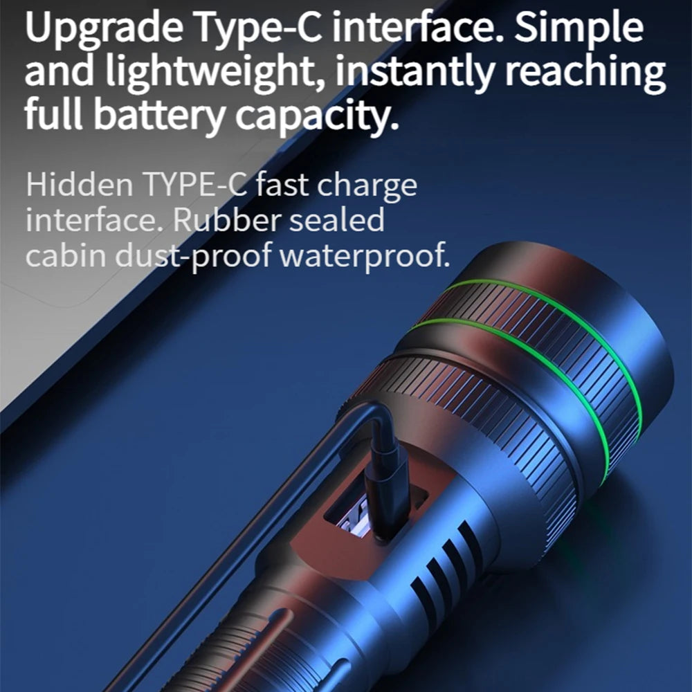 2500 Lumen Long Range LED Flashlight – IPX7 Waterproof, Type-C, 5 Modes, Power Bank Function
