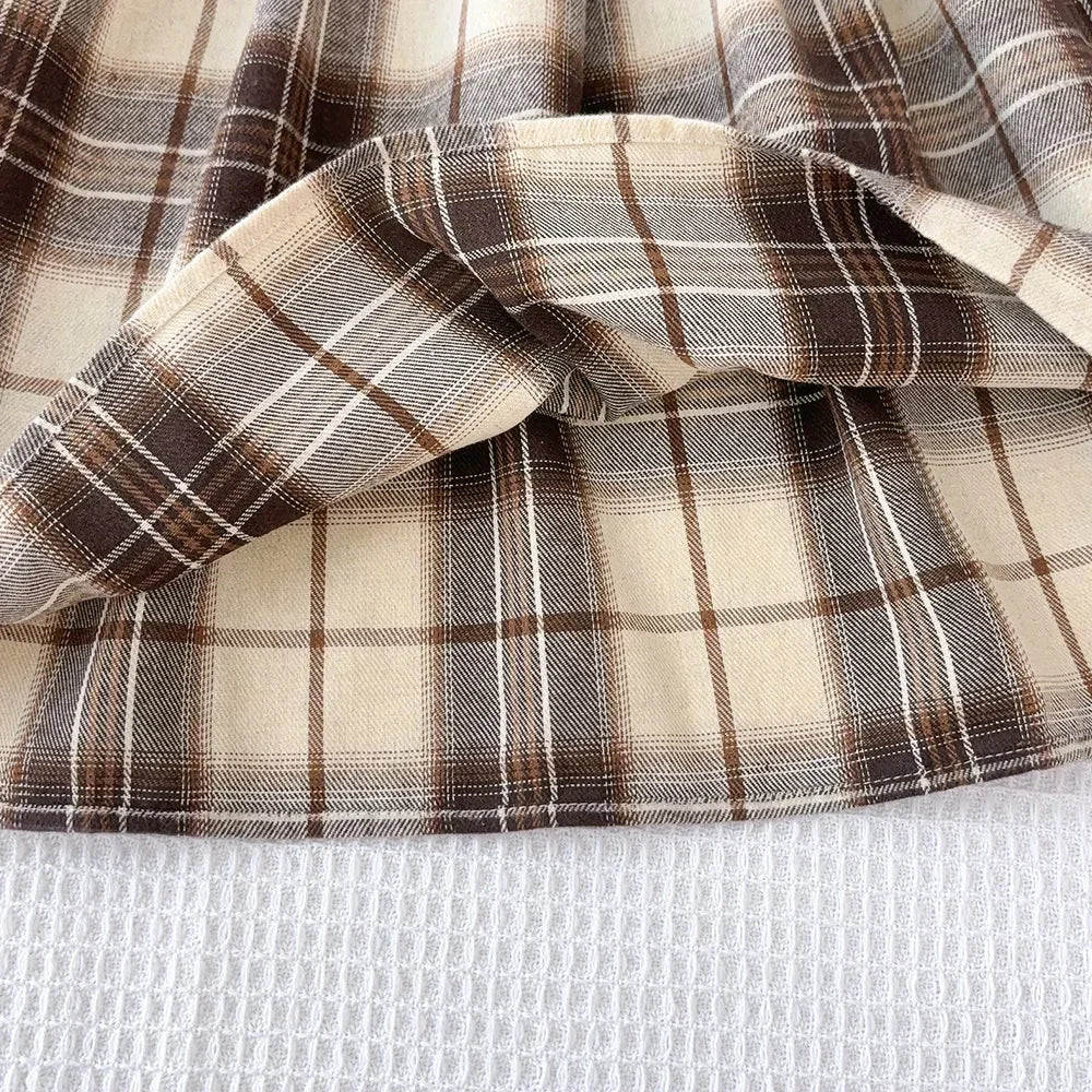 Korean Plaid Girls Casual Dress Set — Long Sleeve Shirt with Belt & Hat (3–7 Years)