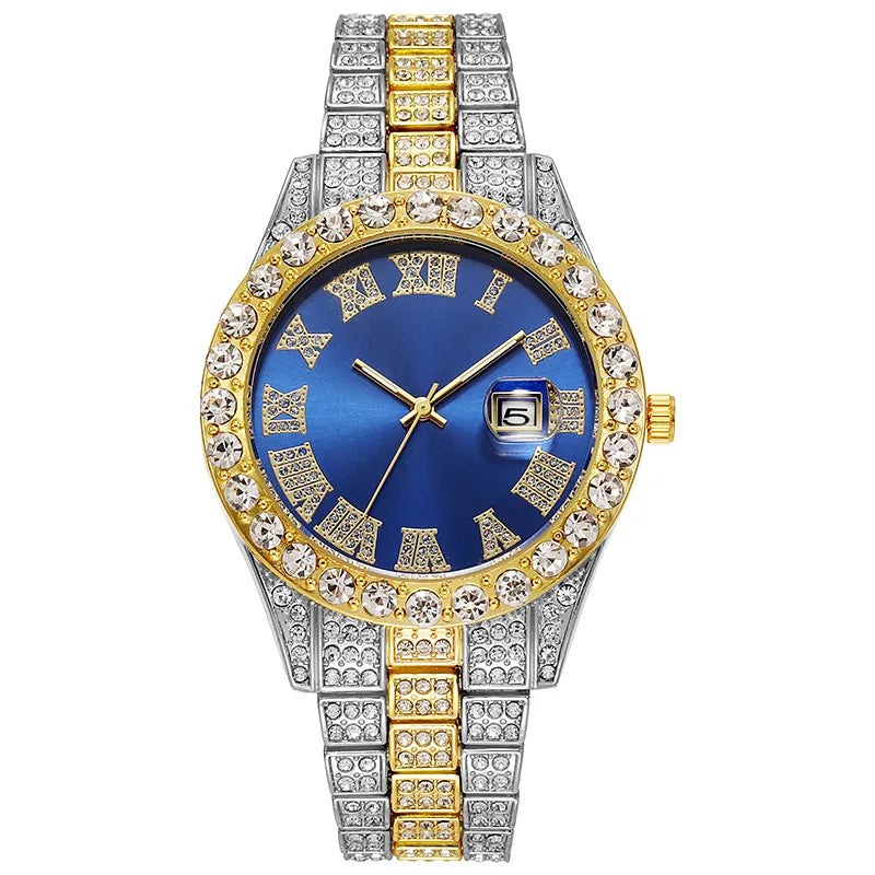 Men's Classic Golden Roman Rhinestone Quartz Watch | Steel Strap Calendar Fashion Wristwatch