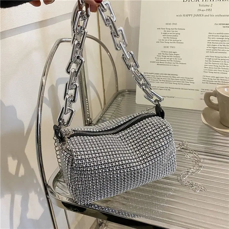 Rhinestone Glitter Mini Crossbody Bag – Chain Prom Purse Pillow Shoulder Bag for Women