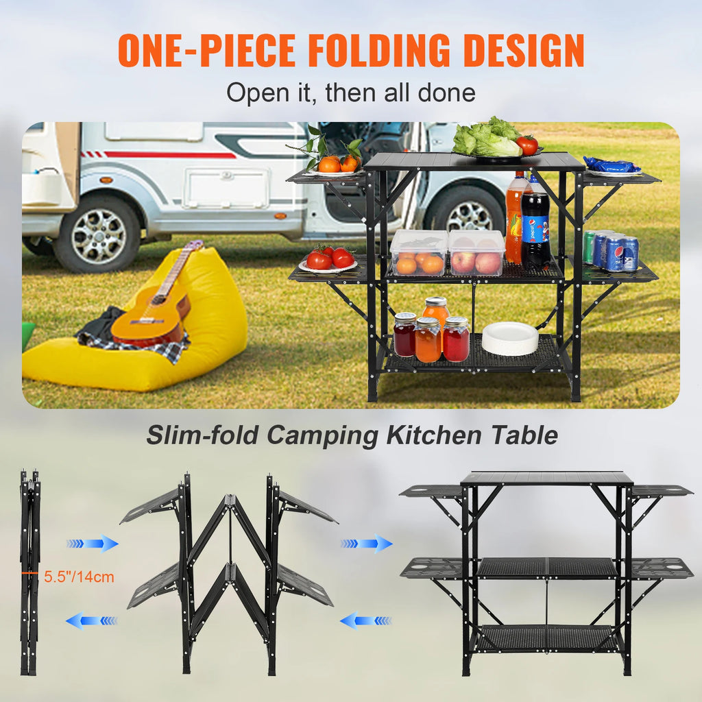 SucceBuy Folding Camping Kitchen Table — Portable Aluminum Cook Station for Outdoor BBQ & Picnics