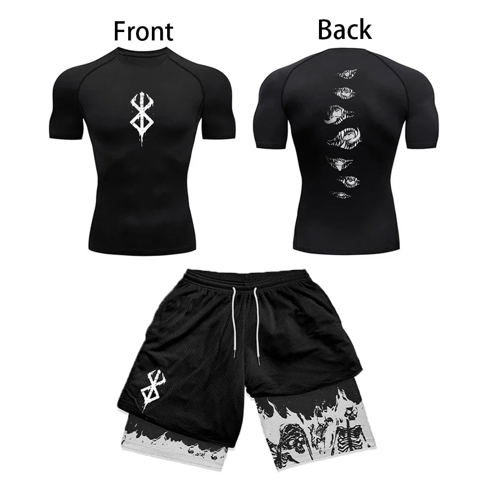 Men's Anime 3D Print Compression Gym Top & Workout Shorts – Quick Dry Athletic Rash Guard Set