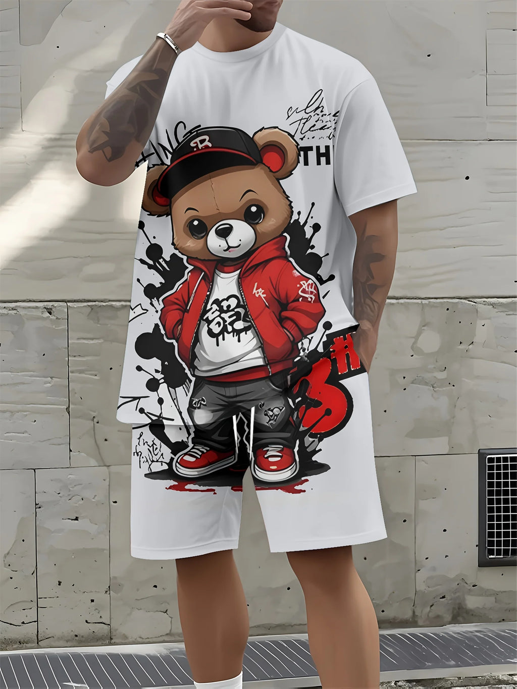 Men's Teddy Bear Print T-Shirt & Shorts Set – Soft Breathable Summer Co-Ord