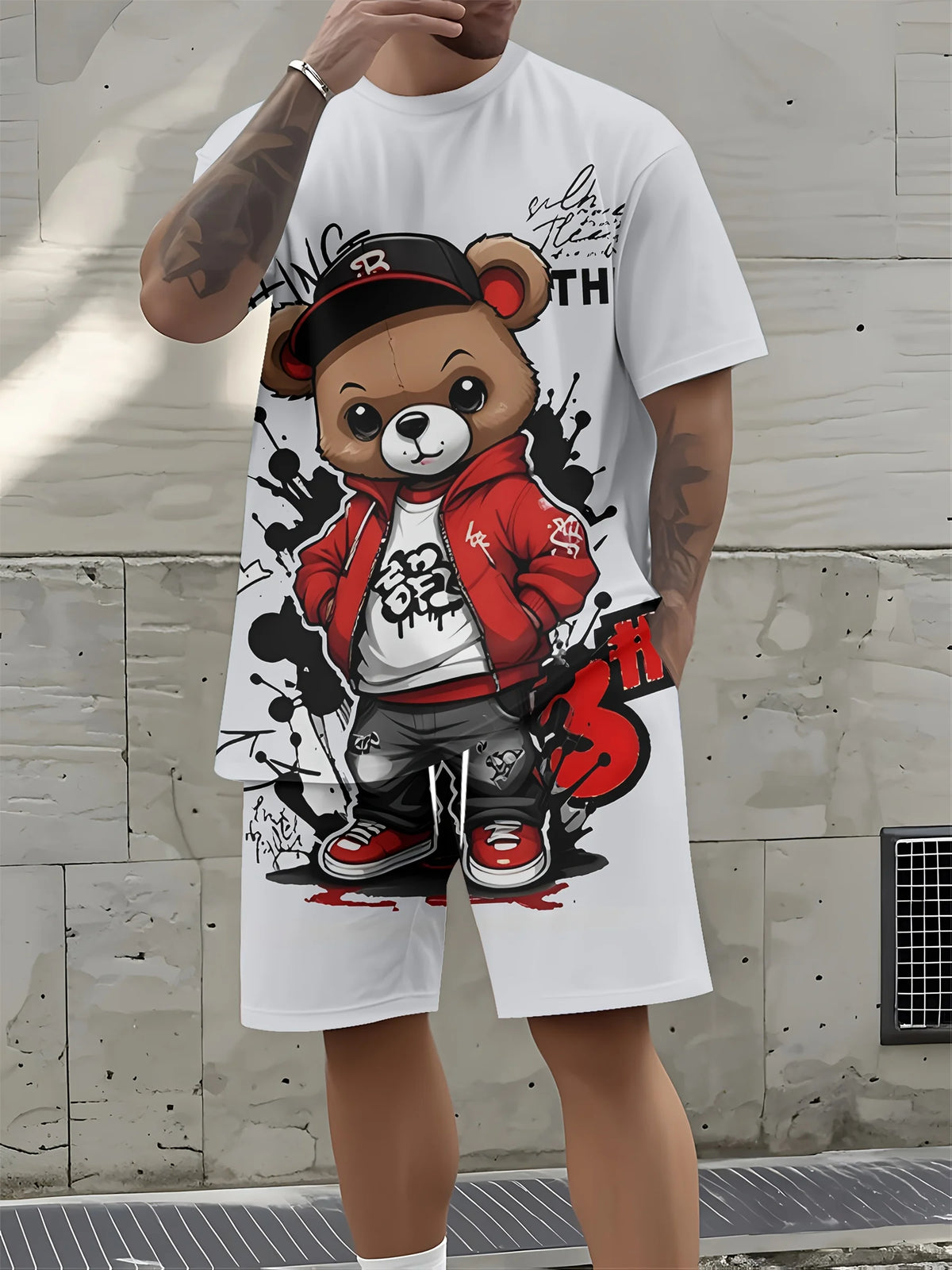 Men's Teddy Bear Print T-Shirt & Shorts Set – Soft Breathable Summer Co-Ord
