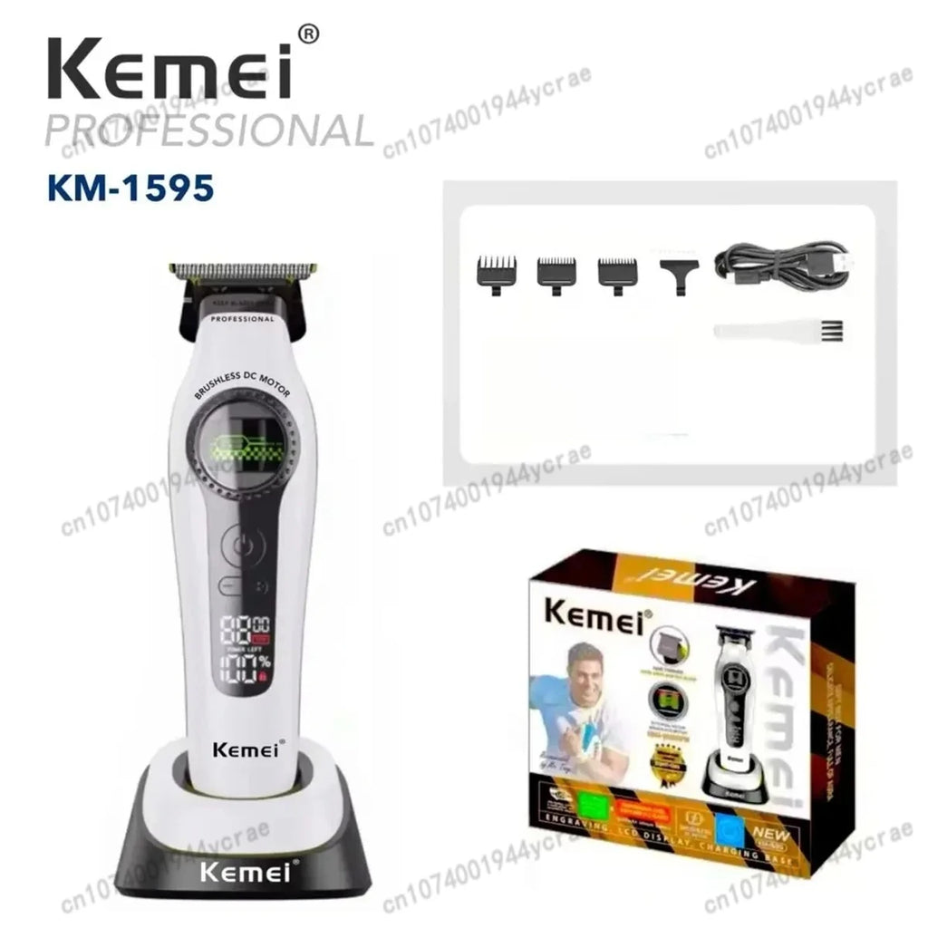 Kemei KM-1593 / KM-1595 Brushless Hair Clipper – DLC Blade, 8000 RPM, 200-Min Runtime, USB-C
