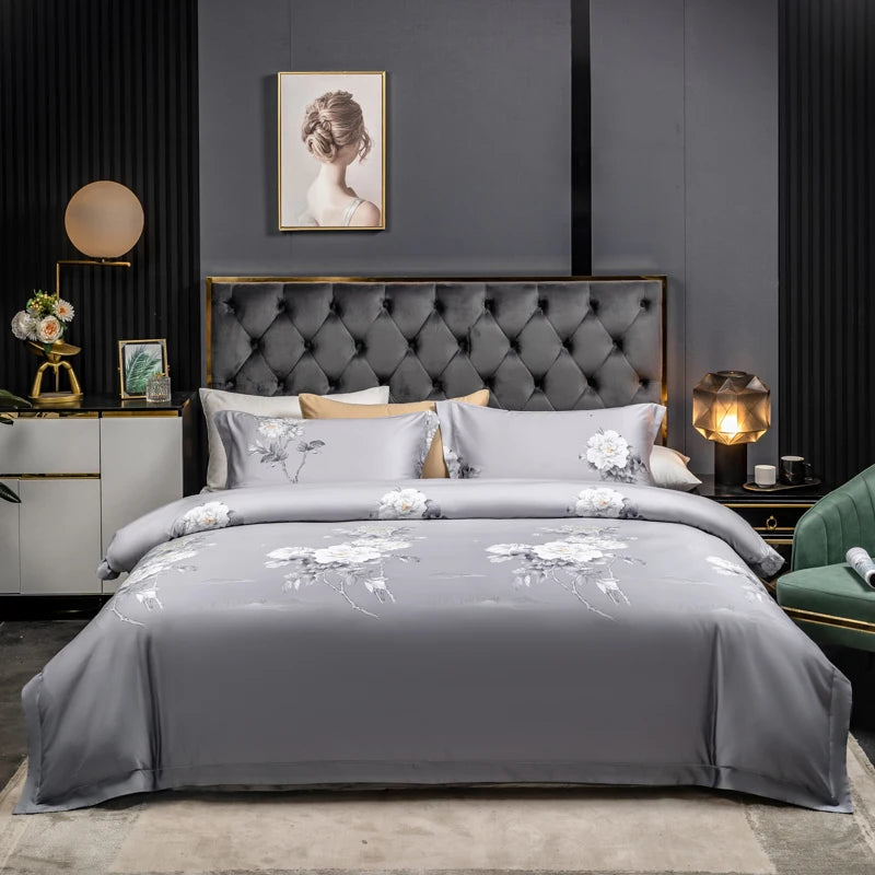 600TC Egyptian Cotton Bedding Set – Birds & Flowers Leaf Print, 16 Colors, Queen to US King
