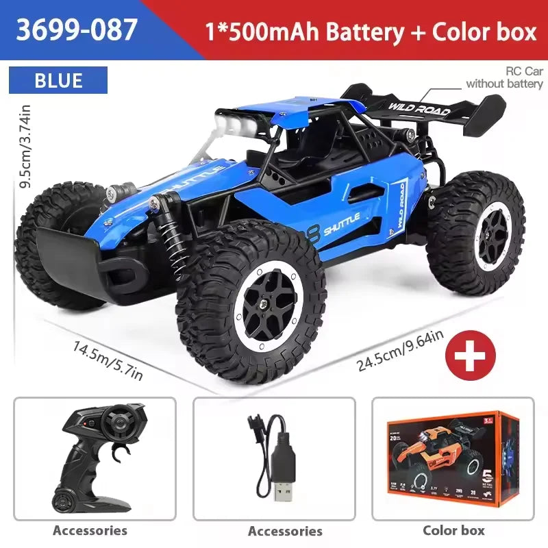 Blue and black remote control off-road RC truck with large knobby tires, shown with its controller, USB charging cable, and orange color box on a white background with dimension labels and text indicating 1*500mAh Battery + Color box.