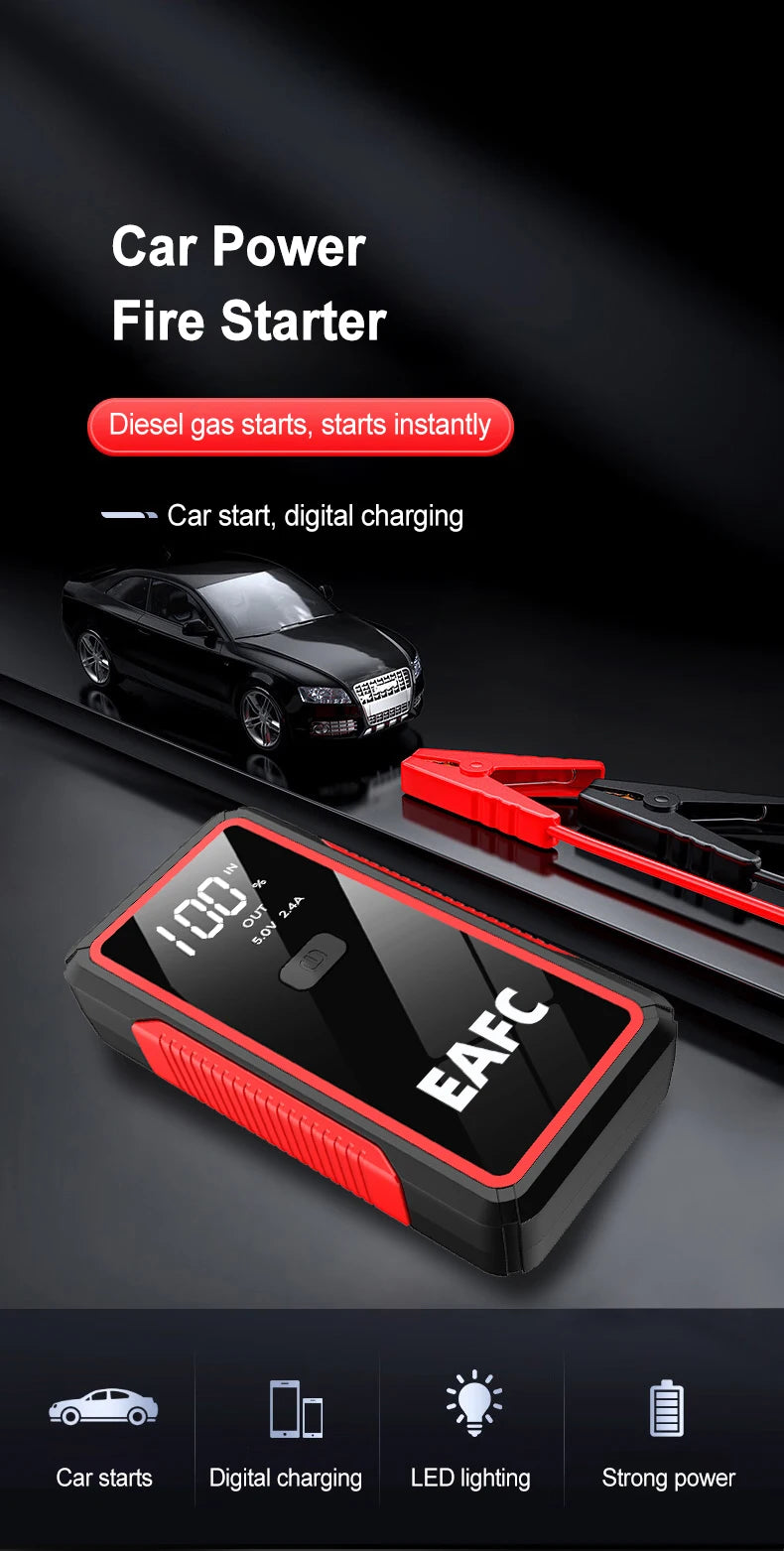 EAFC Portable Car Jump Starter — 600A–2000A Peak, 12V Battery Booster & Power Bank with LED Light