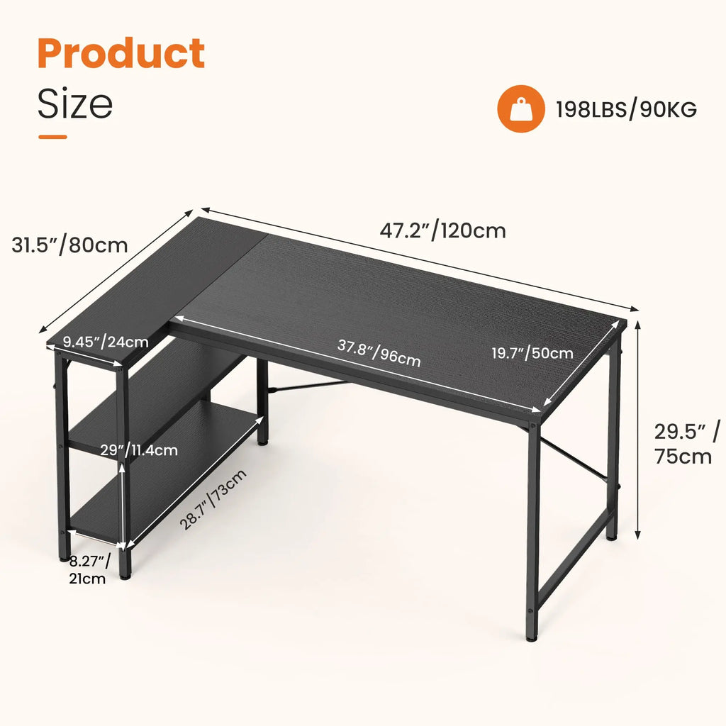 JHK 47" L-Shaped Gaming & Office Desk – Reversible Corner Desk with Storage Shelves