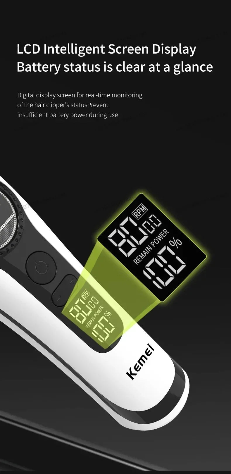 Kemei KM-1593 / KM-1595 Brushless Hair Clipper – DLC Blade, 8000 RPM, 200-Min Runtime, USB-C