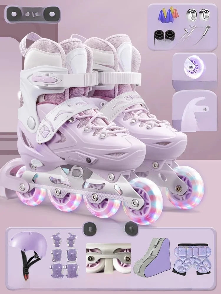 Inline Roller Skate Shoes with Helmet & Pads Set – Flashing 4-Wheel Beginner Adult Unisex Outdoor Skating