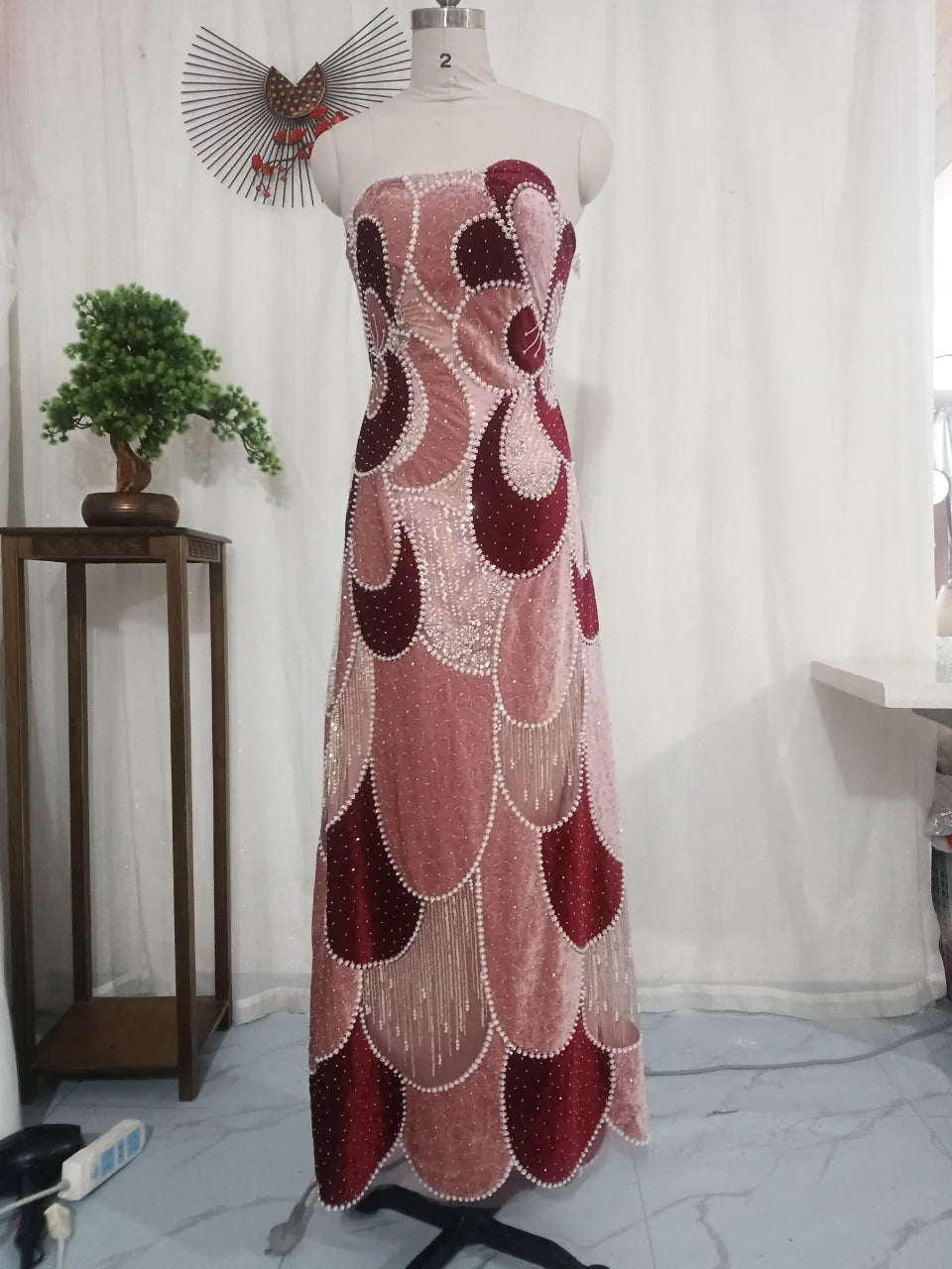 Dresses For Woman Cocktail Dress Pink Burgundy Strapless Abstract Floral Beaded Velvet Midi Gown  Vestidos De Fiesta Elegantes