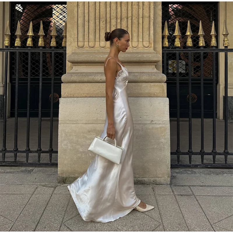 Lace Patchwork Satin Maxi Gown — V-Neck Sleeveless Backless Evening Dress