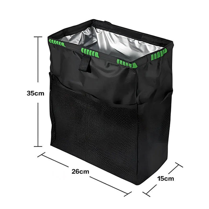 Black cooler bag with green trim and a silver interior, shown with dimension lines indicating 35cm height, 26cm width, and 15cm depth on a white background.