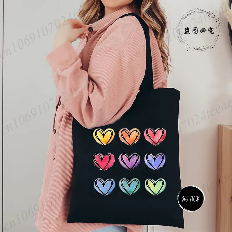 Harajuku Watercolor Heart Print Canvas Shopper Bag – Large Capacity Minimalist Shoulder Bag for Women